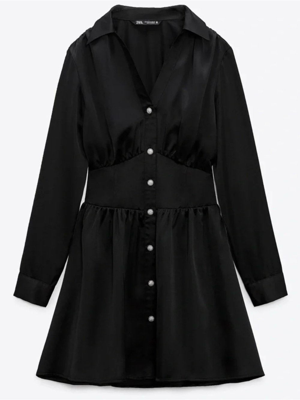 Zara Black Satin Rhinestone Button Down Dress